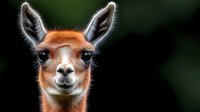 Closeup portrait of smiling vicuna face with large expressive eyes and distinctive ears against dark background, showing gentle expression and soft fur details.