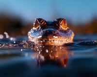 Close-up macro photograph of alligator head emerging from water surface with glowing orange eyes reflecting sunset light, creating dramatic wildlife scene.