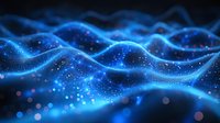 Glowing blue waves with sparkling particles flow across dark background creating dynamic abstract pattern. Futuristic digital design element.