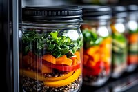 Colorful layered salad in mason jar with fresh greens, vegetables and grains for healthy meal prep and portable lunch storage.