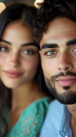 Young diverse couple in intimate close-up portrait showing connection and love. Man with beard in foreground, woman softly focused behind for relationship content.