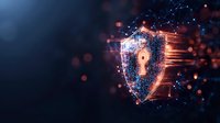 Digital shield with keyhole surrounded by glowing network connections on dark background with bokeh effect, representing cybersecurity protection.