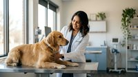 Female veterinarian examining golden retriever dog in modern clinic office. Professional healthcare worker in white coat providing medical care for pet.
