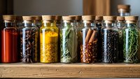 Colorful spices and herbs in glass jars with cork lids arranged on wooden shelf for cooking and seasoning culinary ingredients collection.