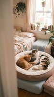 Cozy bedroom interior with cats sleeping in round pet bed near window with plants and books creating warm hygiene atmosphere for relaxation and comfort.