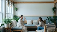 Two young women relaxing on modern sofa in bright living room with large windows and green plants creating cozy home atmosphere for lifestyle content.