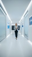 Caucasian woman in business attire walking through modern white corridor with bright linear ceiling lights, holding tablet, suitable for corporate, technology, and professional workplace concepts.