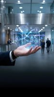 Businessman holding digital cryptocurrency network with bitcoin symbols and security icons in modern office environment for fintech and blockchain technology concepts.
