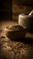 Organic cumin seeds in rustic clay bowl with stone mortar on wooden table, moody lighting for culinary and spice photography.