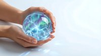 Hands protecting glowing energy sphere with electric lightning effects on white background for technology and innovation concepts.