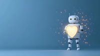 Friendly robot holding glowing heart shape with sparkles against blue background, artificial intelligence concept for emotional connection and machine learning.