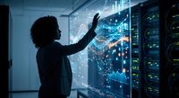 African American woman data scientist interacting with holographic digital interface in modern server room with glowing network connections and data visualization.