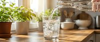 Pouring fresh filtered water into glass on wooden kitchen counter with potted plants and sunlight streaming through window.