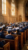 Graduation ceremony in Gothic cathedral with students in caps and gowns seated in wooden pews under stained glass windows creating warm golden light atmosphere.