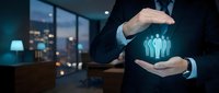 Businessman protecting glowing team icons with hands in modern office, representing human resources management, employee care and corporate leadership concepts.