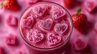 Pink strawberry smoothie with heart-shaped ice cubes in glass, romantic drink for Valentine's Day celebration, love-themed beverage with fresh berries.
