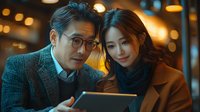 Asian business colleagues reviewing digital tablet at night, urban setting with bokeh lights. Professional man and woman in winter coats collaborate on project outdoors.