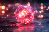 Glowing pink icosahedron geometric shape with magical light effects on dark reflective surface against blurred bokeh background creates mystical atmosphere.