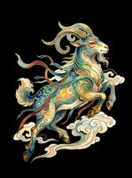 Ornate goat with decorative swirls and cloud motifs, isolated on transparent background. Ready for t-shirt design, clipart, stickers, sublimation, and print-on-demand products.