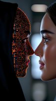 Asian woman facing digital circuit face profile, glowing orange technological pattern represents artificial intelligence and human connection in dark setting.