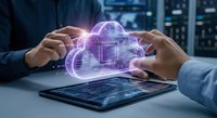 Businessman hands protecting glowing cloud computing hologram with digital data above tablet in modern server room for secure technology solutions.