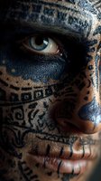 Close-up of person with intricate tribal face paint featuring ancient patterns and symbols, revealing intense green eye and partial facial features.