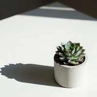 Small succulent plant in white concrete pot on clean surface with natural shadow creating minimalist home decor aesthetic for modern interior design.