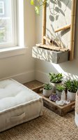 Serene meditation corner with floor cushion, succulents, crystals and natural bamboo ladder creating peaceful zen atmosphere for mindfulness practice.