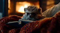Cozy hedgehog wearing glasses reads book wrapped in knitted blanket by warm fireplace light, creating atmospheric evening mood for lifestyle and home decor designs.