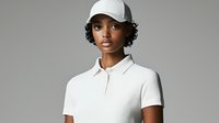 Young African American woman wearing white baseball cap and polo shirt against gray background, professional studio portrait with minimalist style.
