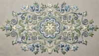 Elegant floral embroidery design with blue and green botanical motifs on natural linen fabric. Decorative needlework pattern for home decor and textile crafts.