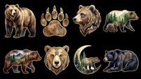 Watercolor bear clipart set with eight elements isolated on transparent background, ready for stickers, t-shirt design, print on demand, and sublimation projects.