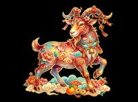 Colorful Chinese zodiac goat with floral ornaments and gold details, isolated on transparent background, for stickers, T-shirts, print on demand.