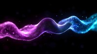 Glowing particle wave with gradient color transition from pink to blue, flowing dynamic motion on black background with sparkling light effects and depth.