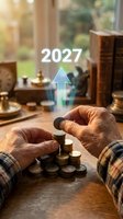 Senior hands stacking coins with 2027 and upward arrow overlay representing retirement savings growth and financial planning for future security.