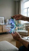 Senior man hands holding glowing digital wellness concept with mental health messages in modern home office environment for mindfulness applications.