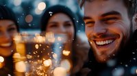 Joyful young man with beard laughing outdoors at dusk, surrounded by warm bokeh lights and festive atmosphere. Natural genuine emotions and happiness.