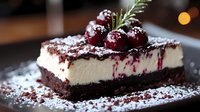 Decadent chocolate brownie cheesecake slice topped with fresh cherries, rosemary sprig, and dusted powdered sugar on dark plate against blurred background.