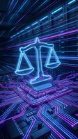 Neon justice scales hologram on futuristic circuit board with glowing purple and blue light trails representing digital law and legal technology.