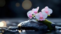 Pink orchid flowers on wet black spa stones with soft bokeh lights creating peaceful zen atmosphere for wellness and relaxation treatments.