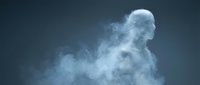 Silhouette of a male figure dissolving into smoke and mist against a dark blue background, representing transformation, loss, or ethereal concepts for creative projects.