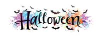 Spooky Halloween lettering with watercolor splash background and flying bats silhouettes in black, creating festive holiday typography design element.