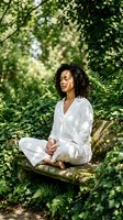 Young mixed-race woman in white clothing meditating peacefully on stone bench surrounded by lush green forest foliage for wellness and mindfulness concepts.