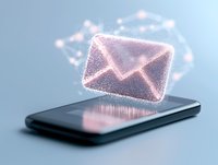 Glowing pink envelope icon floating above smartphone screen with sparkle particles effect on blue background, representing digital communication and email technology.