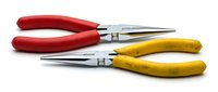 Professional needle-nose pliers with red and yellow ergonomic handles isolated on white background for electrical work and precision tasks.