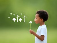 Young African American boy blowing dandelion with renewable energy concept illustration, symbolizing environmental awareness and sustainable future on green background.