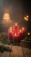 Red candles burning with evergreen branches on rustic wooden table creating warm cozy Christmas holiday atmosphere with soft bokeh lights in background.