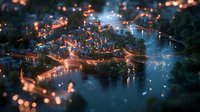 Aerial night view of illuminated city with roads, bridges and waterways creating a magical miniature effect through tilt-shift photography.