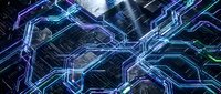 Neon circuit pathways with glowing blue and purple lines creating interconnected digital networks on dark background, representing technology and data flow.