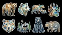 Watercolor bear collection featuring grizzly, wolf, cubs, and paw print designs isolated on transparent background. Ready for t-shirt designs, clipart, stickers, sublimation, and print-on-demand products.